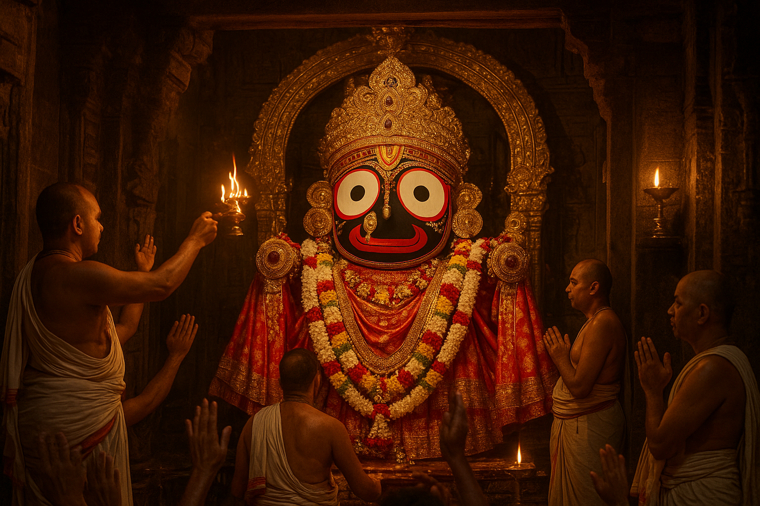 जगन्नाथ दर्शन योजना के तहत पुरी मंदिर में भगवान जगन्नाथ का विग्रह, सोने के आभूषण और फूलों की माला से सजा हुआ