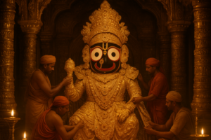 Lord Jagannath adorned with new gold ornaments during sacred Suna Besha ritual at Puri Temple