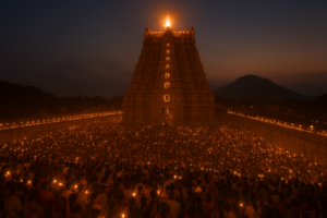 कार्तिगै दीपम तिरुवन्नामलै में अरुणाचलेश्वर मंदिर के शिखर पर जलते हुए विशाल दीपक और लाखों भक्त
