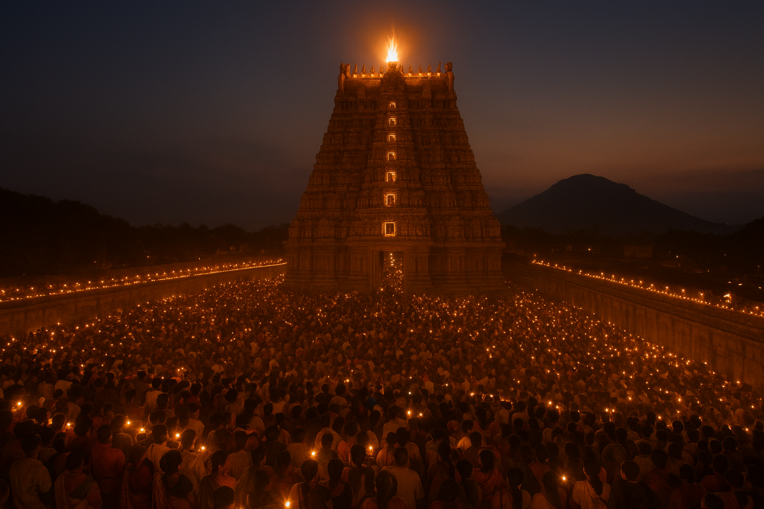 कार्तिगै दीपम तिरुवन्नामलै में अरुणाचलेश्वर मंदिर के शिखर पर जलते हुए विशाल दीपक और लाखों भक्त