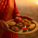 करवा चौथ सरगी का समय सुबह की सोने जैसी रोशनी में महिला का पारंपरिक थाल, मेहँदी से सजे हाथ