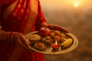 करवा चौथ सरगी का समय सुबह की सोने जैसी रोशनी में महिला का पारंपरिक थाल, मेहँदी से सजे हाथ