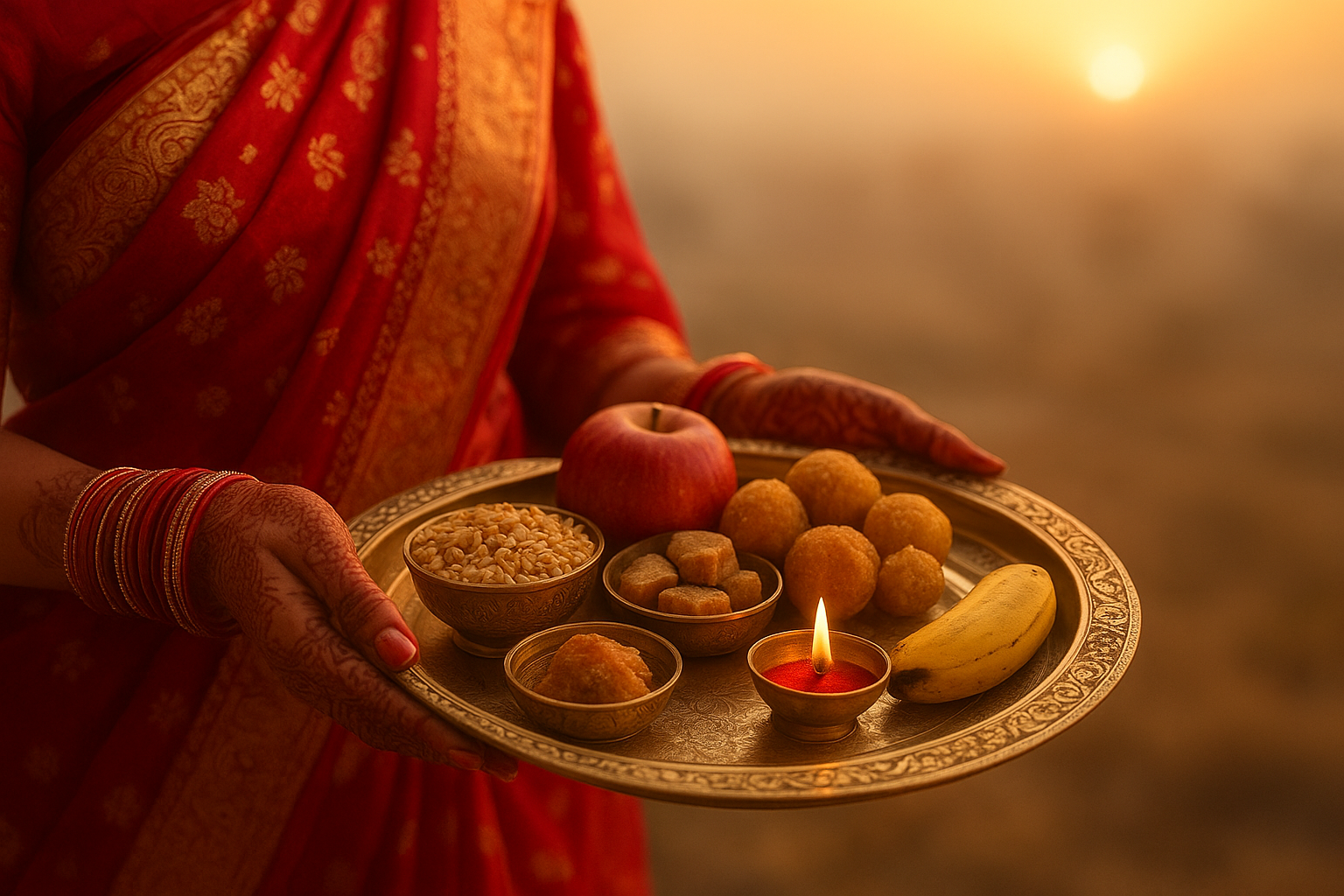 करवा चौथ सरगी का समय सुबह की सोने जैसी रोशनी में महिला का पारंपरिक थाल, मेहँदी से सजे हाथ
