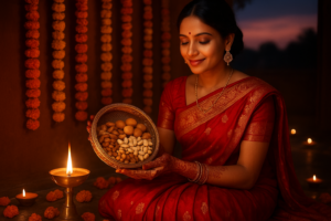 करवा चौथ 2026 पर महिला लाल साड़ी में सजी-धजी, हाथों पर मेहँदी, दीये की रोशनी में