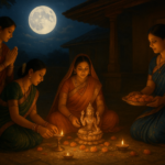 कोजागरी पूर्णिमा का महत्व दिखाते हुए देवी लक्ष्मी का पूजन, जलती हुई दीपों की पंक्तियाँ, पूर्ण चाँद और सोने के आभूषण