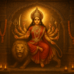 माता दुर्गा महालया के समय देवी का सोने के आभूषणों से सजा हुआ मंदिर, लाल रंग की पोशाक, फूलों की माला और जलती हुई दीपों का प्रकाश