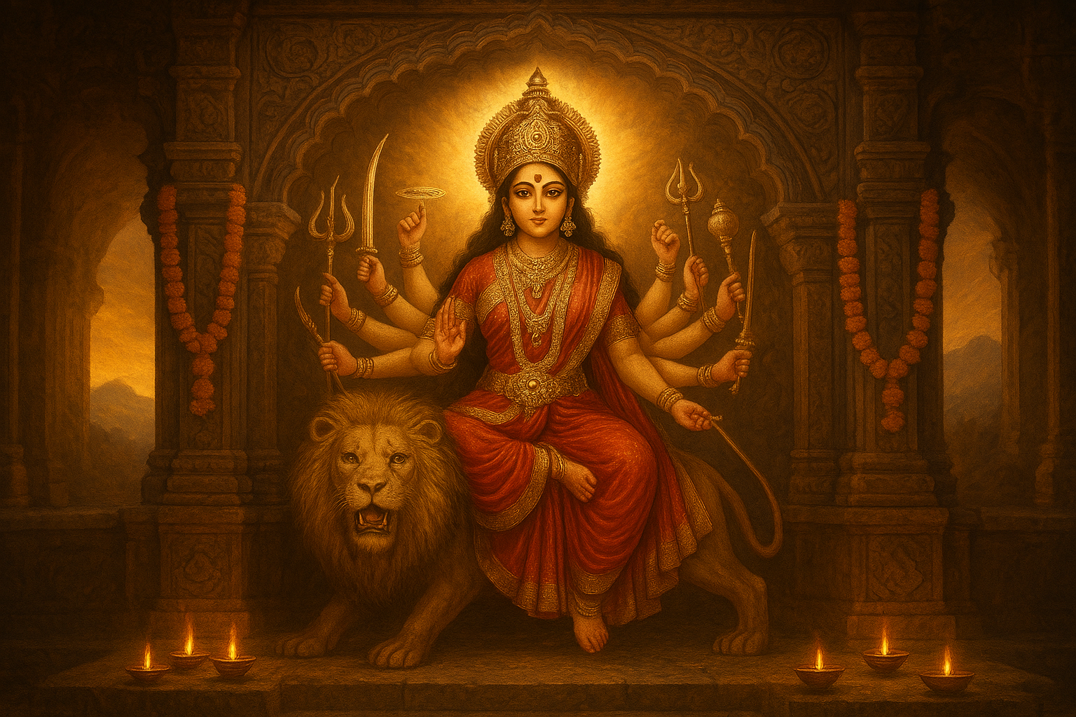 माता दुर्गा महालया के समय देवी का सोने के आभूषणों से सजा हुआ मंदिर, लाल रंग की पोशाक, फूलों की माला और जलती हुई दीपों का प्रकाश