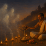 महालया श्राद्ध का महत्व दिखाते हुए नदी के घाट पर जलती हुई दीपों की पंक्तियाँ, तर्पण की रस्म और पूर्वजों को श्रद्धा का प्रसाद
