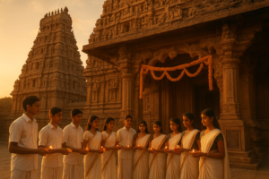Students commemorating the 90th anniversary of Temple Entry Proclamation with devotional observance
