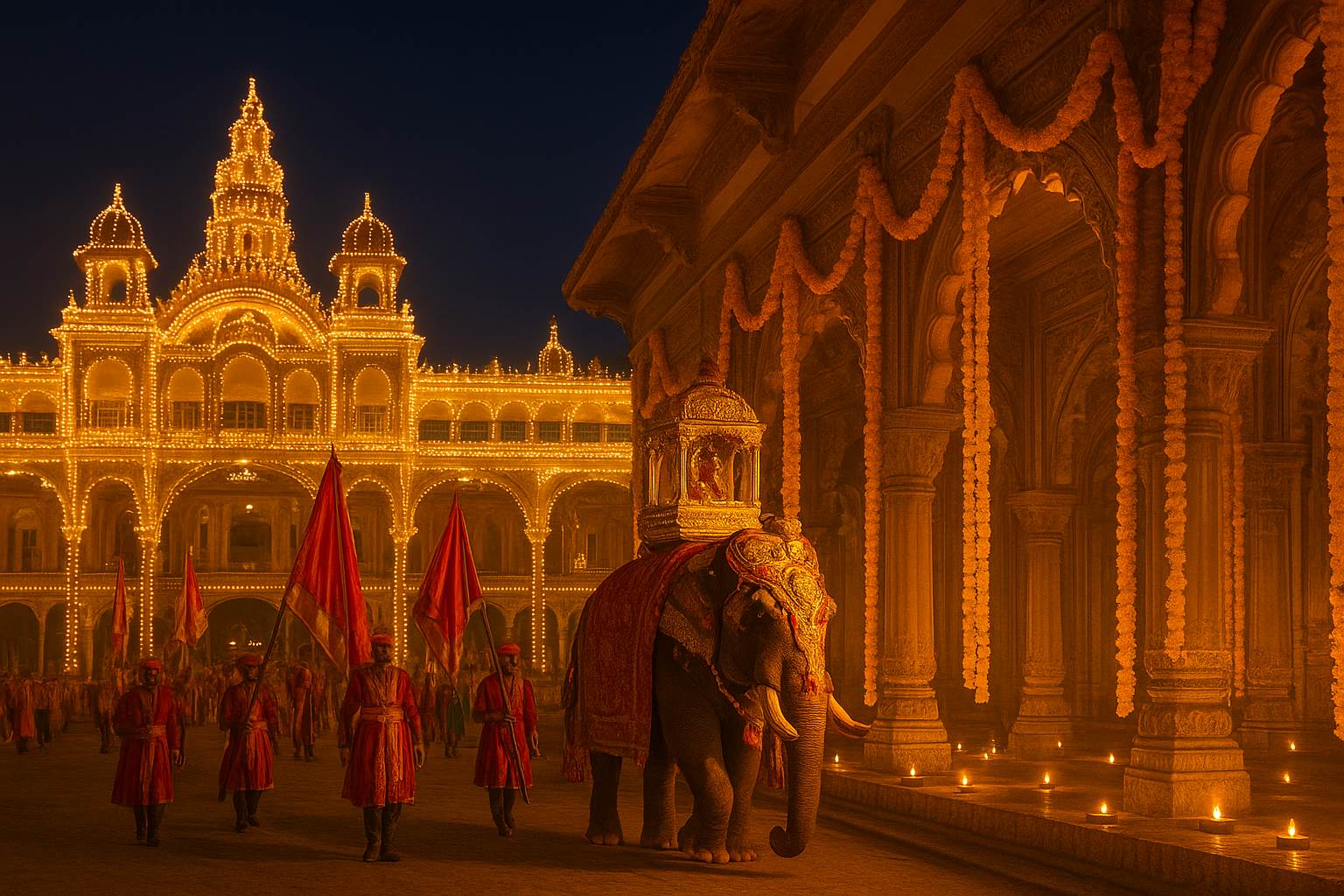 Mysuru Dussehra celebration with illuminated palace and grand procession on Vijayadashami