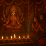 नवरात्रि भजन गायन के समय देवी दुर्गा का विग्रह, दीये, फूलों की माला और भक्त लोग