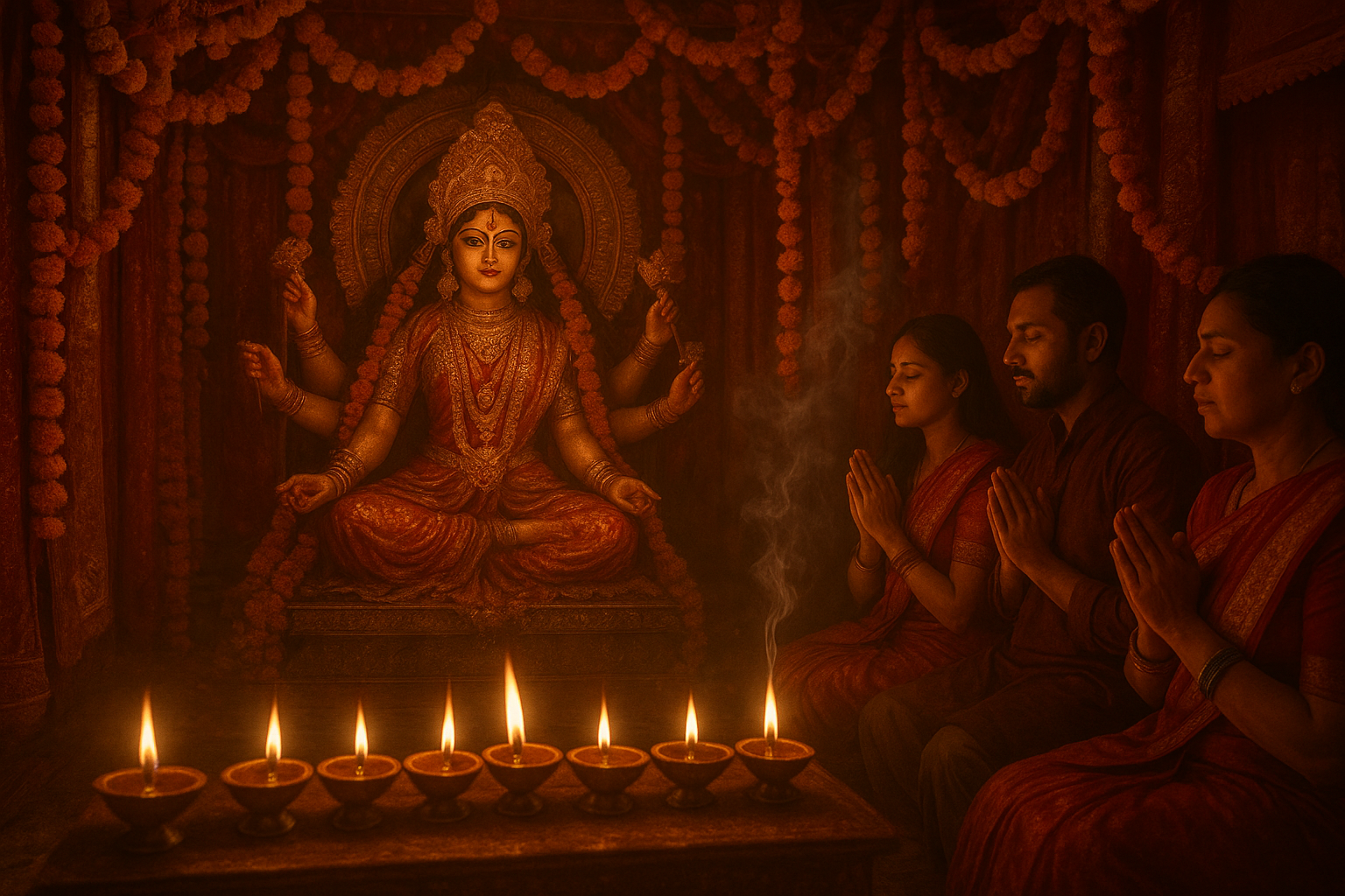 नवरात्रि भजन गायन के समय देवी दुर्गा का विग्रह, दीये, फूलों की माला और भक्त लोग
