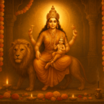 नवरात्रि पांचवां दिन स्कंदमाता की पूजा, सिंह पर विराजमान देवी, सोने के आभूषण, फूलों की माला और जलती दीपें