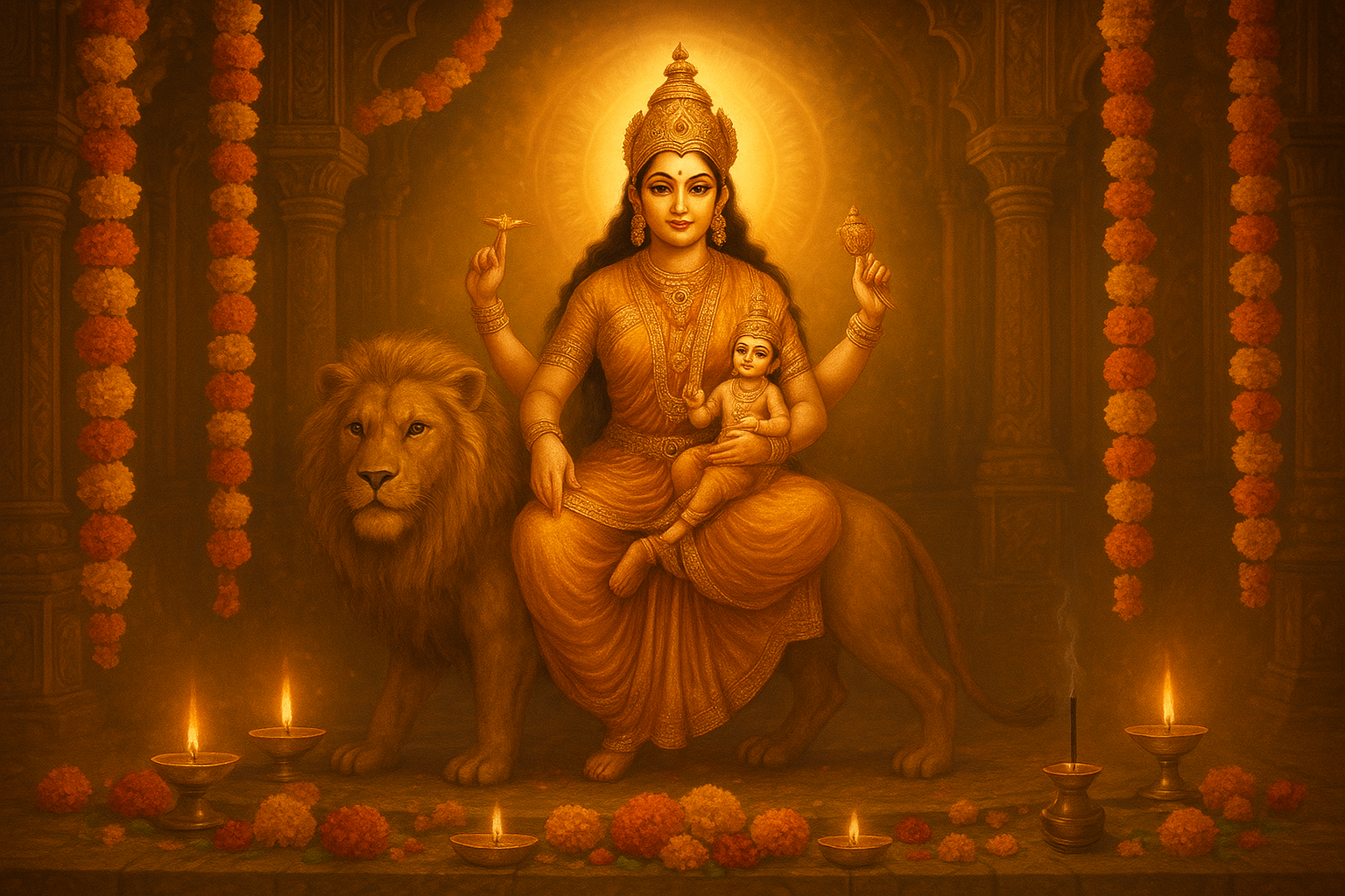 नवरात्रि पांचवां दिन स्कंदमाता की पूजा, सिंह पर विराजमान देवी, सोने के आभूषण, फूलों की माला और जलती दीपें