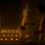 पितृपक्ष के समय जलते दीये, फूल और पूजा की सामग्री से सजा पवित्र मंदिर