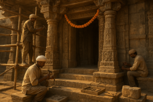 प्रारंभ मंदिर जीर्णोद्धार के दौरान कारीगर प्राचीन पत्थर की नक्काशी को सावधानीपूर्वक संरक्षित कर रहे हैं