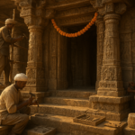 Skilled craftsmen performing praramban temple restoration work on ancient stone carvings