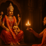 स्कंदमाता की आरती के समय माता का सुंदर श्रृंगार, गोद में बालक स्कंद, पीतल के दीप की उजली रोशनी