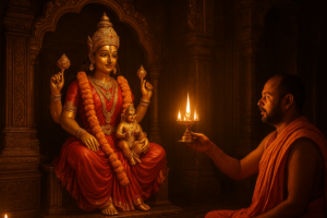 Maa Skandamata ki aarti ritual with lamp and yellow flowers during Navratri Panchami worship