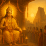 सूर्य महोत्सव के दौरान सूर्य देव का सोने जैसा चमकता हुआ मुर्ति, पीली रेशम और गहनों से सजा हुआ, फूलों की माला और जलते हुए दीपों से घिरा हुआ