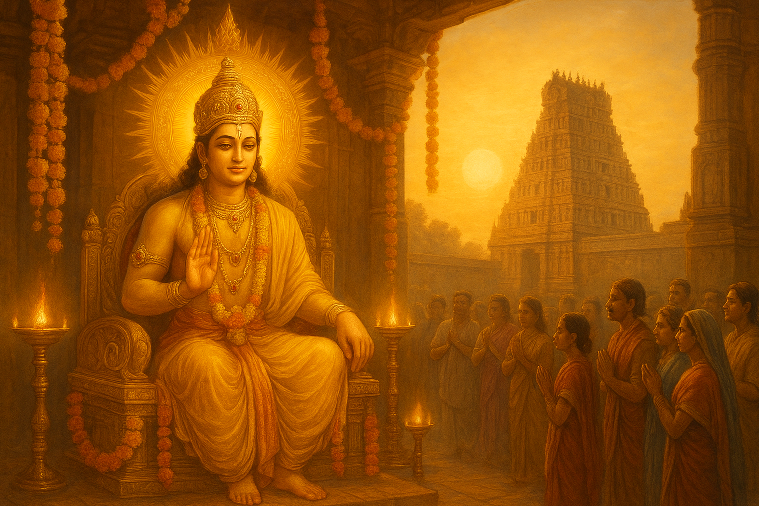 सूर्य महोत्सव के दौरान सूर्य देव का सोने जैसा चमकता हुआ मुर्ति, पीली रेशम और गहनों से सजा हुआ, फूलों की माला और जलते हुए दीपों से घिरा हुआ