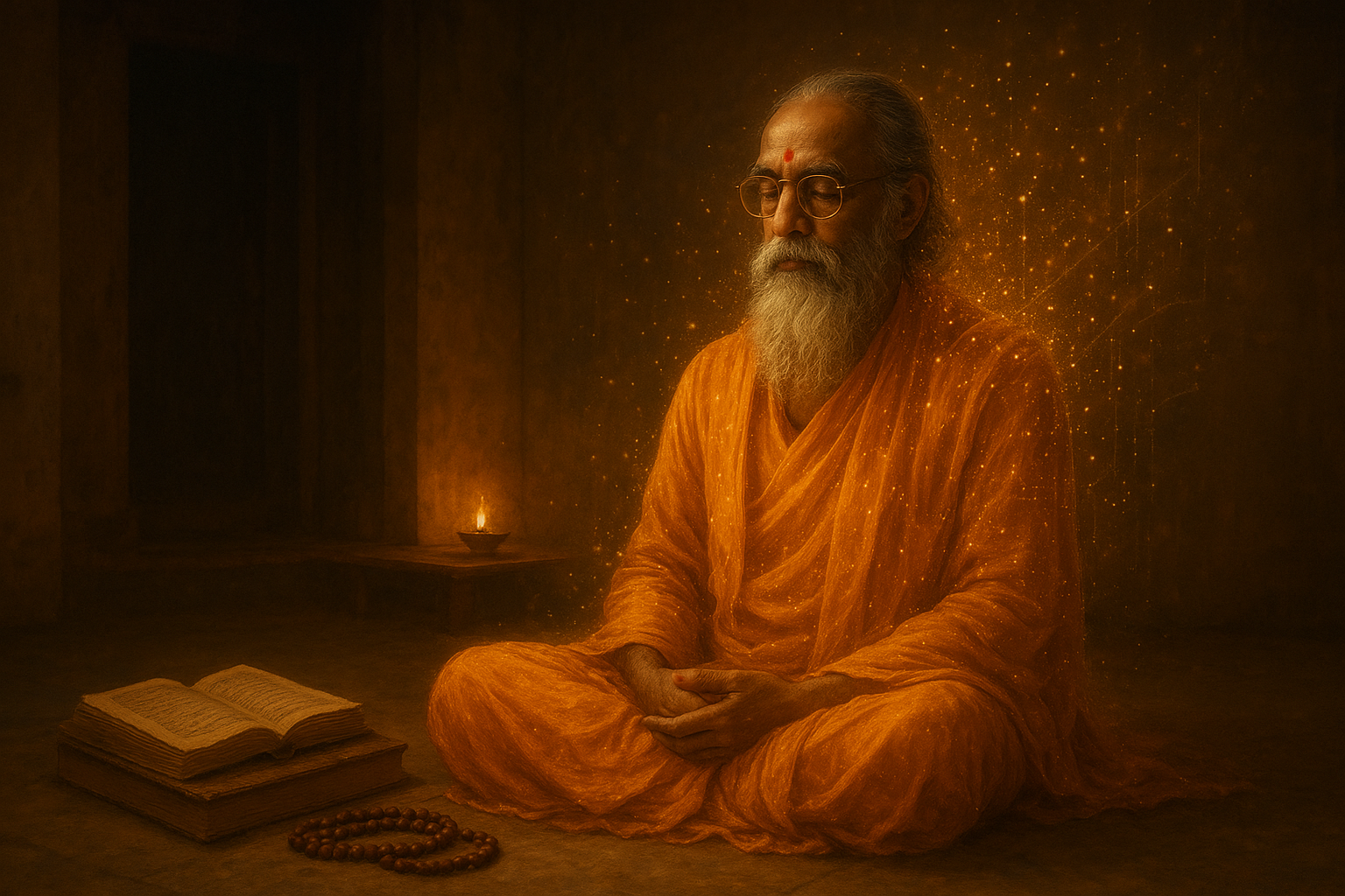 Swami Chinmayanand digital avatar concept showing AI technology blending with spiritual teachings and Vedanta philosophy