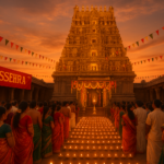 तूतीकोडी दशहरा समारोह में नेल्लैयप्पर मंदिर की सोने की gopuram, दीपों की पंक्तियाँ और फूलों की माला से सजा परिदृश्य
