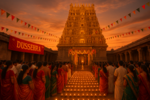 तूतीकोडी दशहरा समारोह में नेल्लैयप्पर मंदिर की सोने की gopuram, दीपों की पंक्तियाँ और फूलों की माला से सजा परिदृश्य