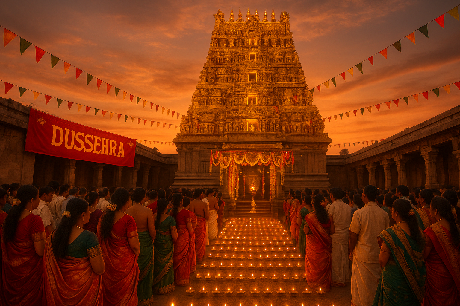 तूतीकोडी दशहरा समारोह में नेल्लैयप्पर मंदिर की सोने की gopuram, दीपों की पंक्तियाँ और फूलों की माला से सजा परिदृश्य