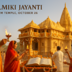 वाल्मीकि जयंती पर राम मंदिर में देवताओं की मूर्तियाँ, फूलों की माला, जलती हुई आरती और भक्तजनों की भीड़